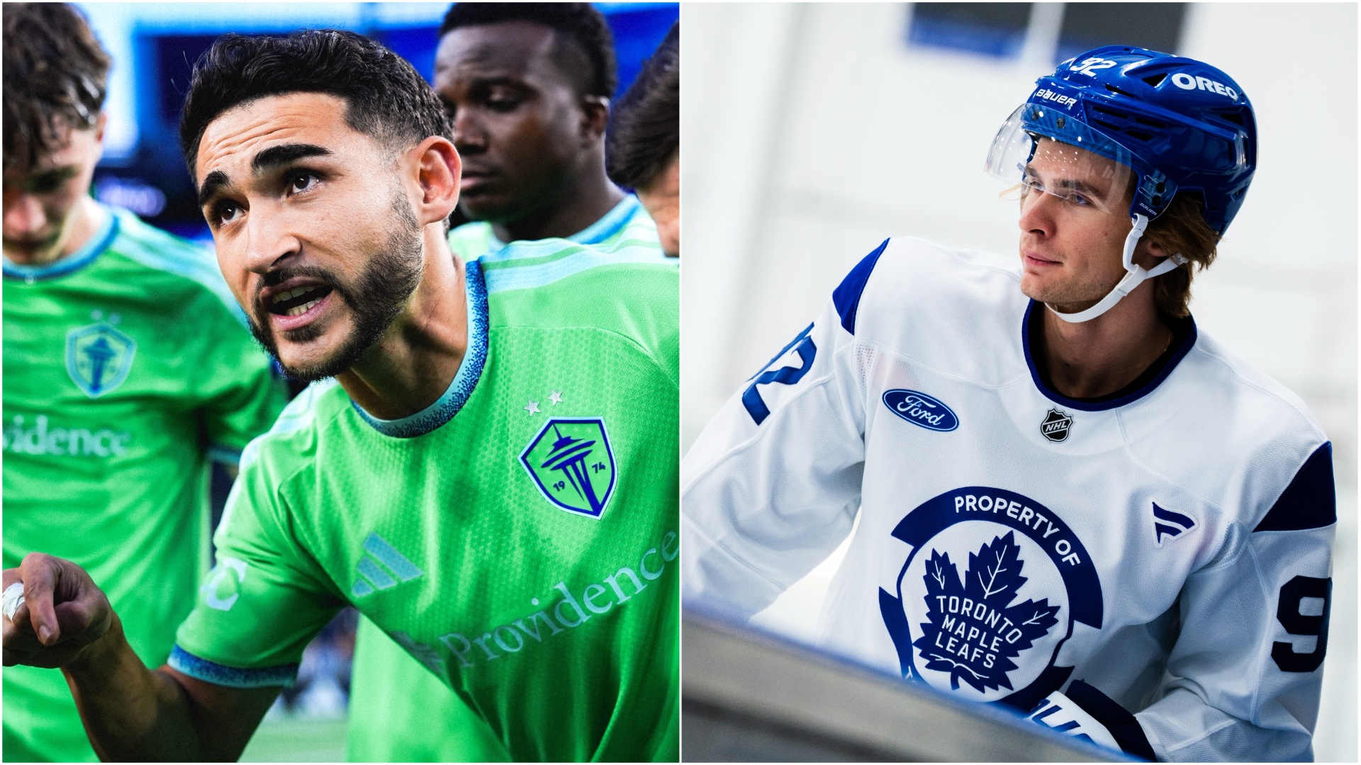 Cristian Roldan of the Seattle Sounders and Gavin McKenna of the Toronto Maple Leafs